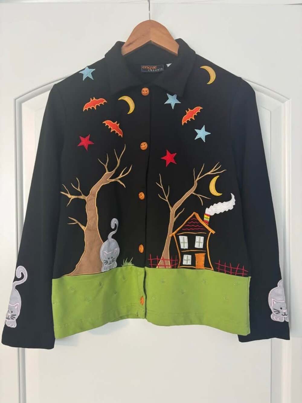 Vintage Onque Casuals Halloween Jacket Shacket Black Embroidered Cats House Smal